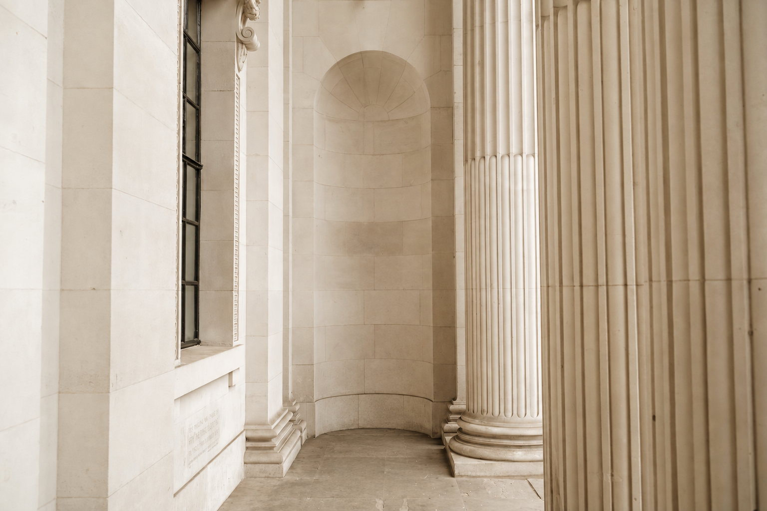 The stone colonnade at The Old Marylebone Town Hall